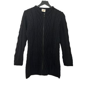 Kilronan Irish 100% Merino Wool Zip Cable Knit Sweater Black Small